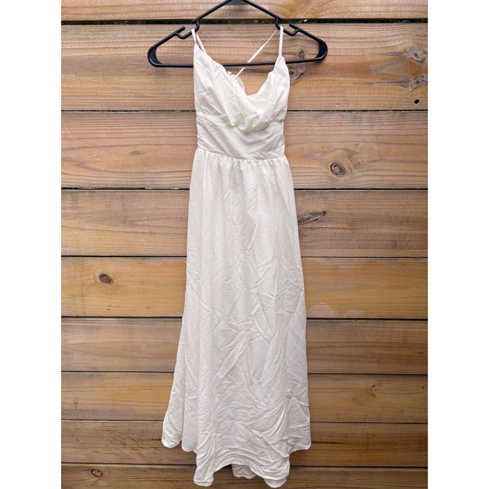 White Textured Cowl Neck Maxi Dress Open Back Tie Spaghetti Strap Small
